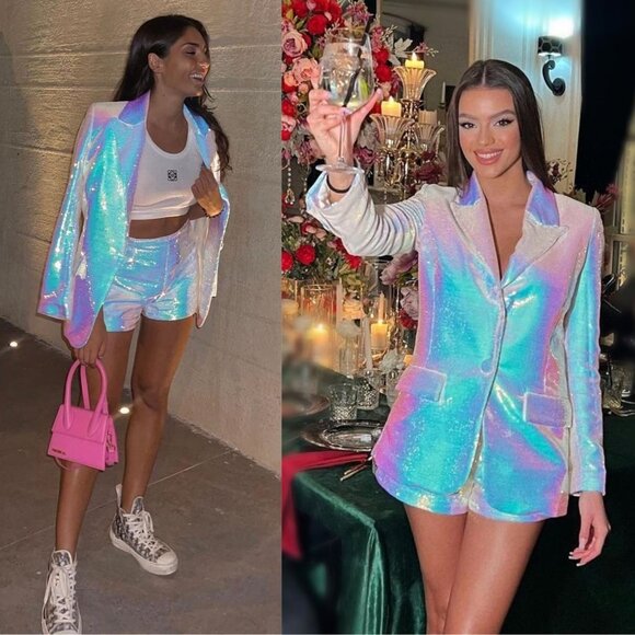 Nadine Merabi Karla Iridescent Blazer Short Sequin Set Size M - Picture 14 of 14